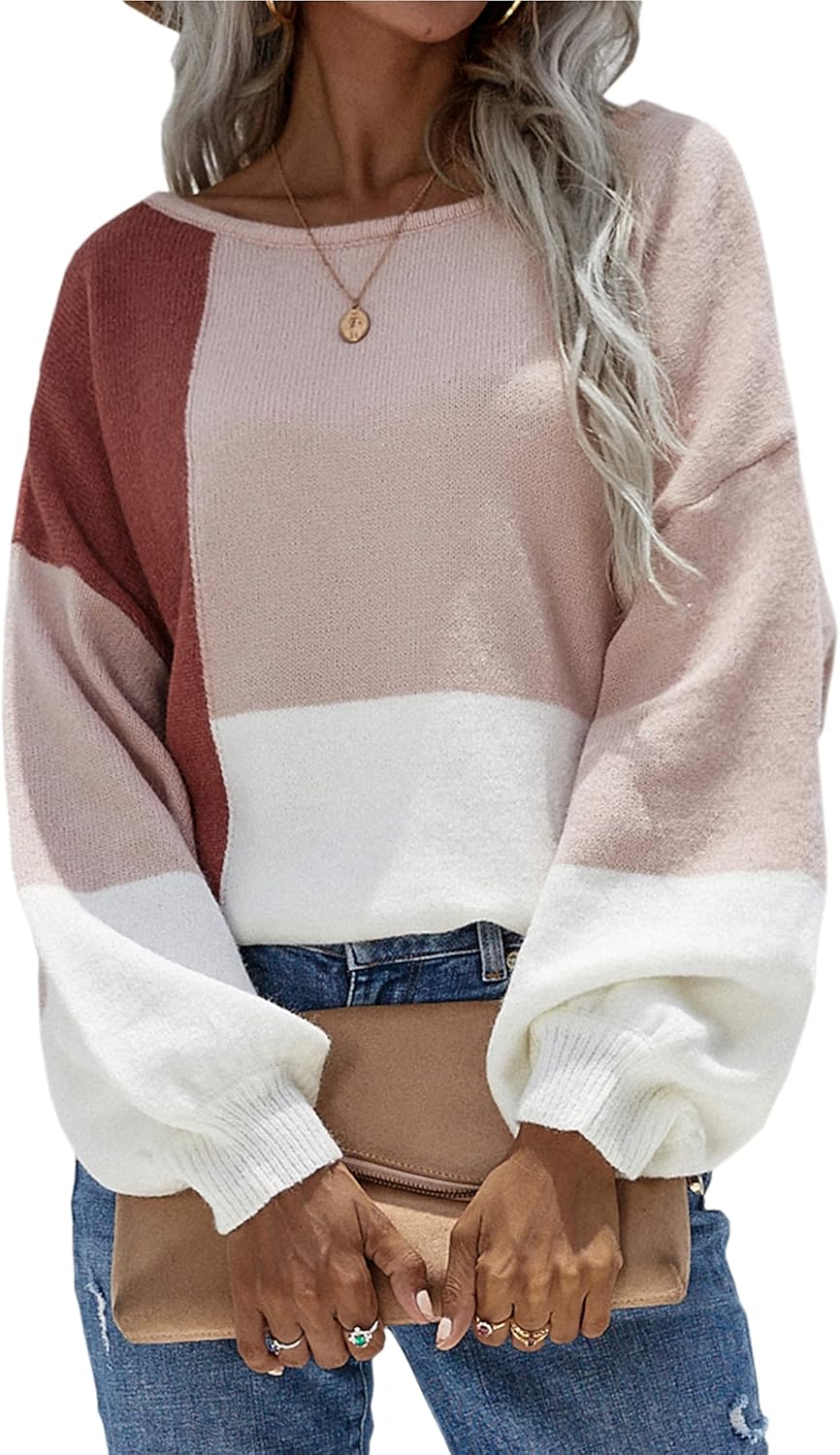 ECOWISH Women Sweater Long Sleeve Color Block Pullover Top