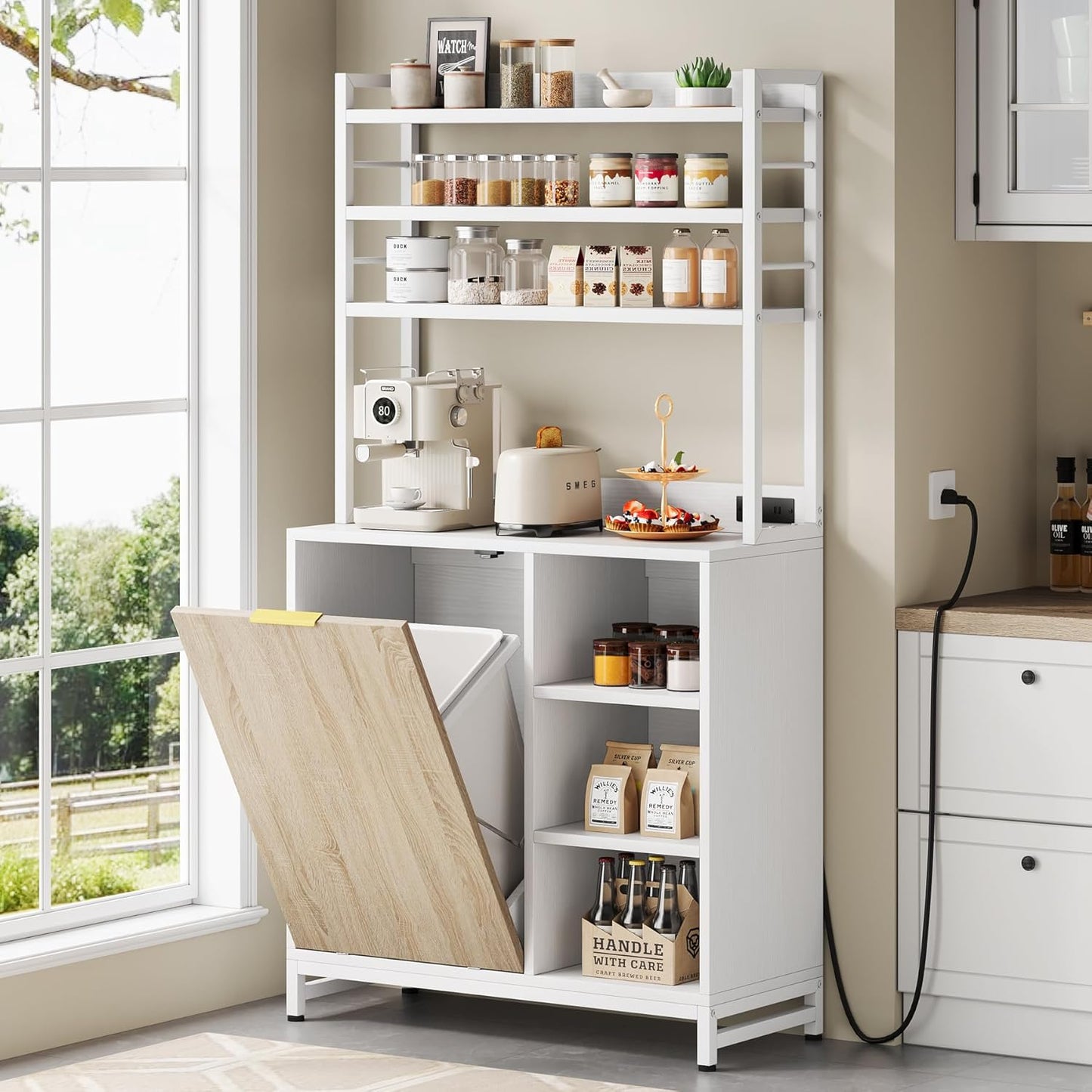 7-Tier Coffee Station with Power Outlet, Wood White