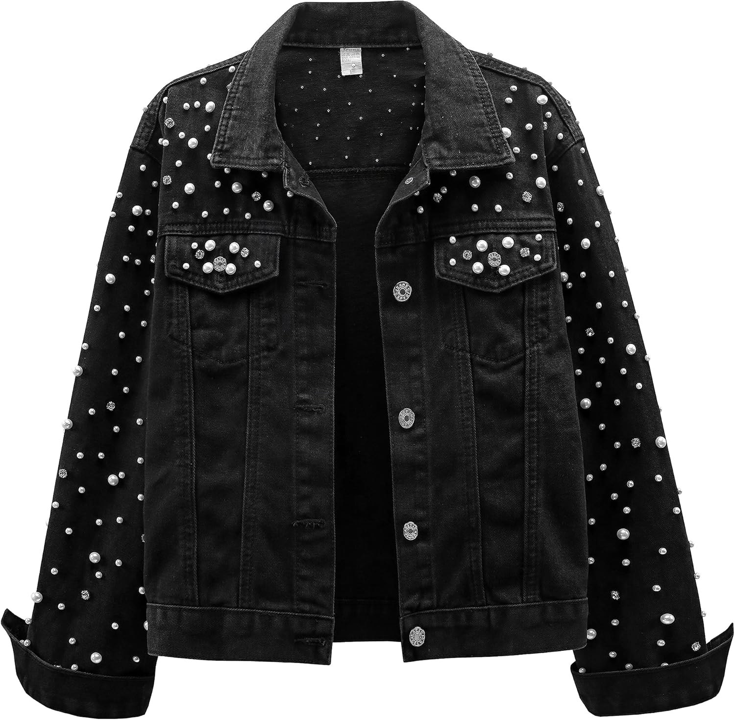 LifeShe Women's Pearls Denim Jacket with Rhinestones for Style