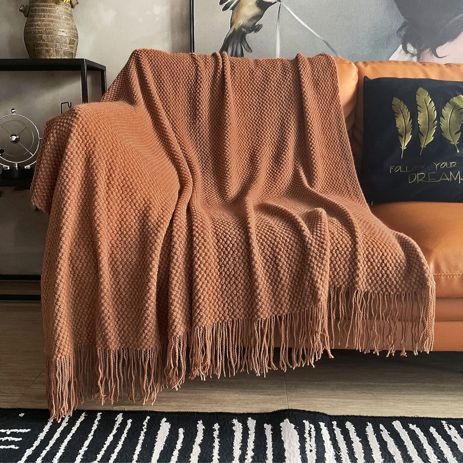 LOMAO Knitted Throw Blanket with Tassels for Cozy Home Decor