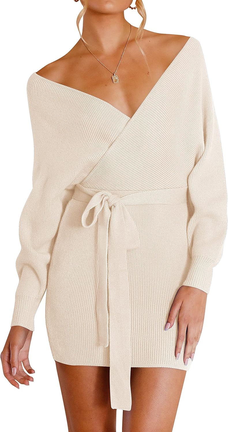 ZESICA Women's Fall Long Batwing Sleeve Wrap V Neck Dress