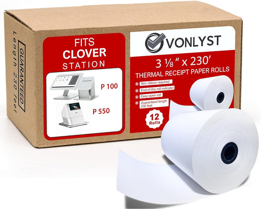 Clover Station Thermal Receipt Paper: 12 Rolls 3 1/8 x 230'