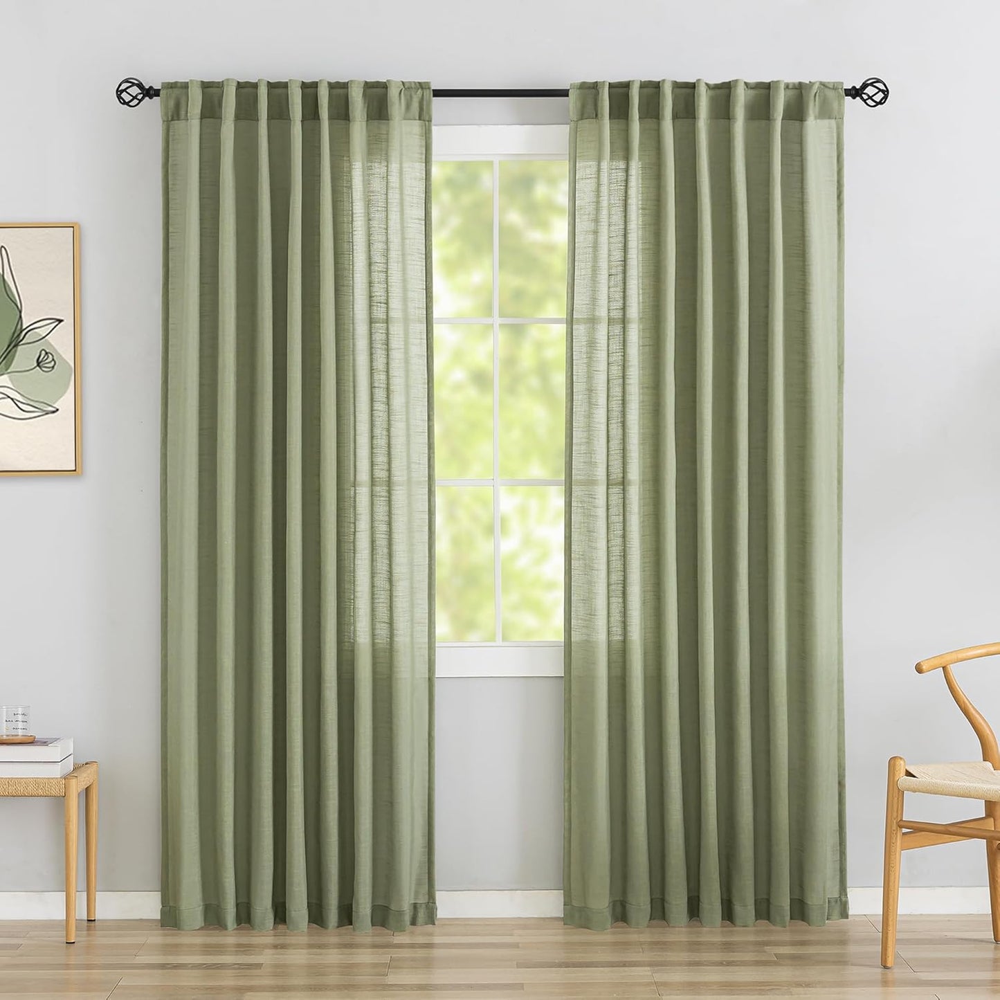 DONREN Sage Green Linen Back Tab Curtains for Modern Farmhouse