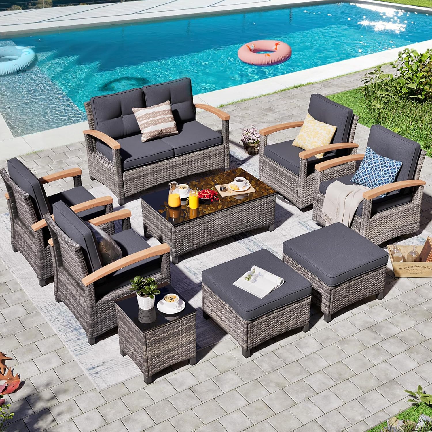 9 Pieces Outdoor Patio Furniture Set with Swivel Rocker Chairs