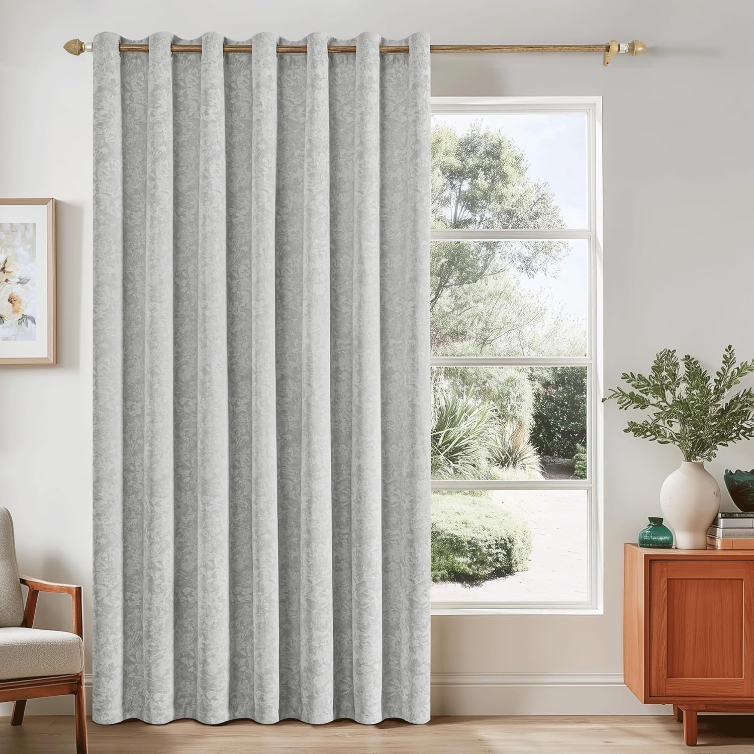 Beauoop Grey Floral Jacquard Blackout Curtains for Home Decor