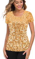 MANER Womens Full Sequin Tops Glitter Party Shirt Short Sleeve Shirts