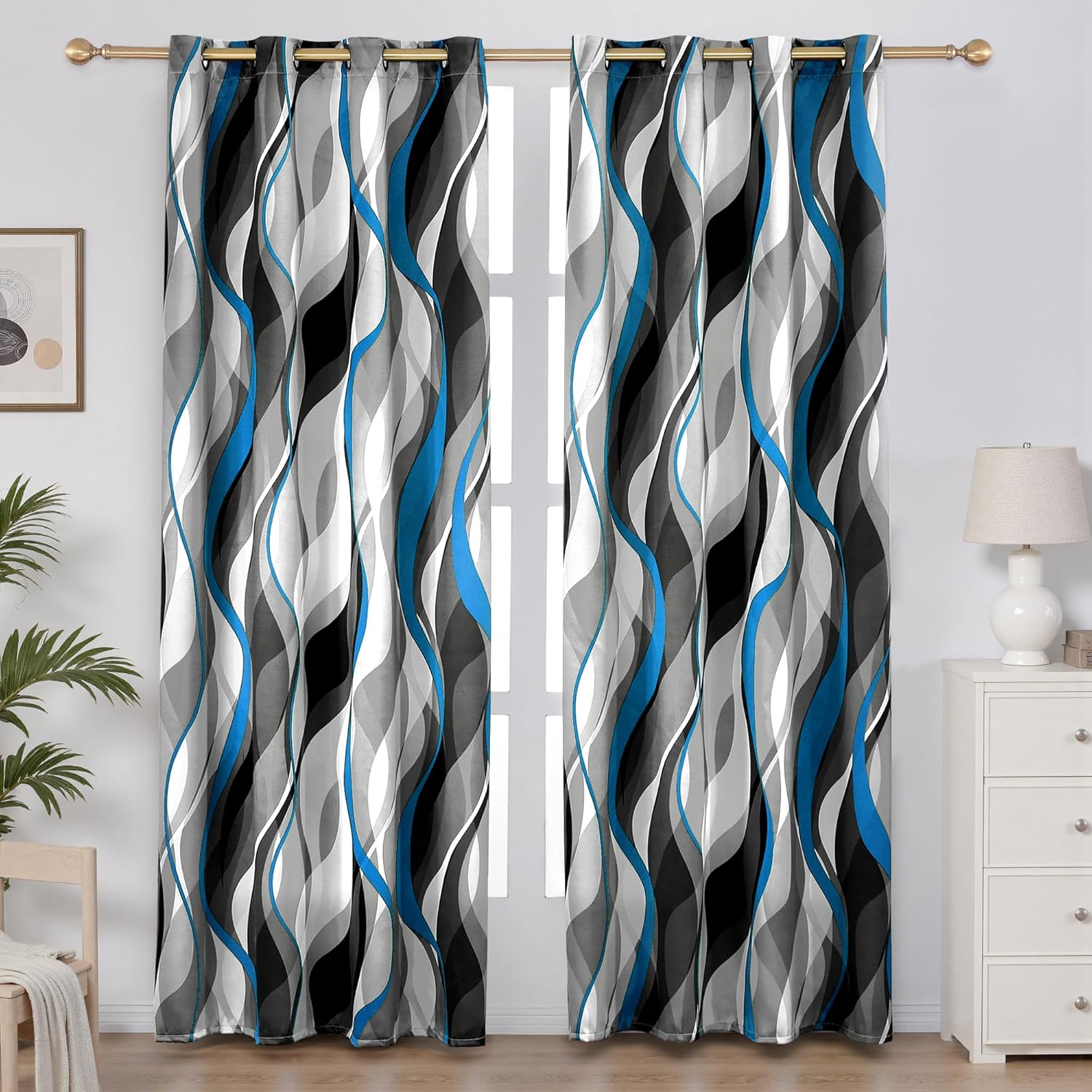 Weesire Blue and Grey Curtains for Modern Living Room Decor