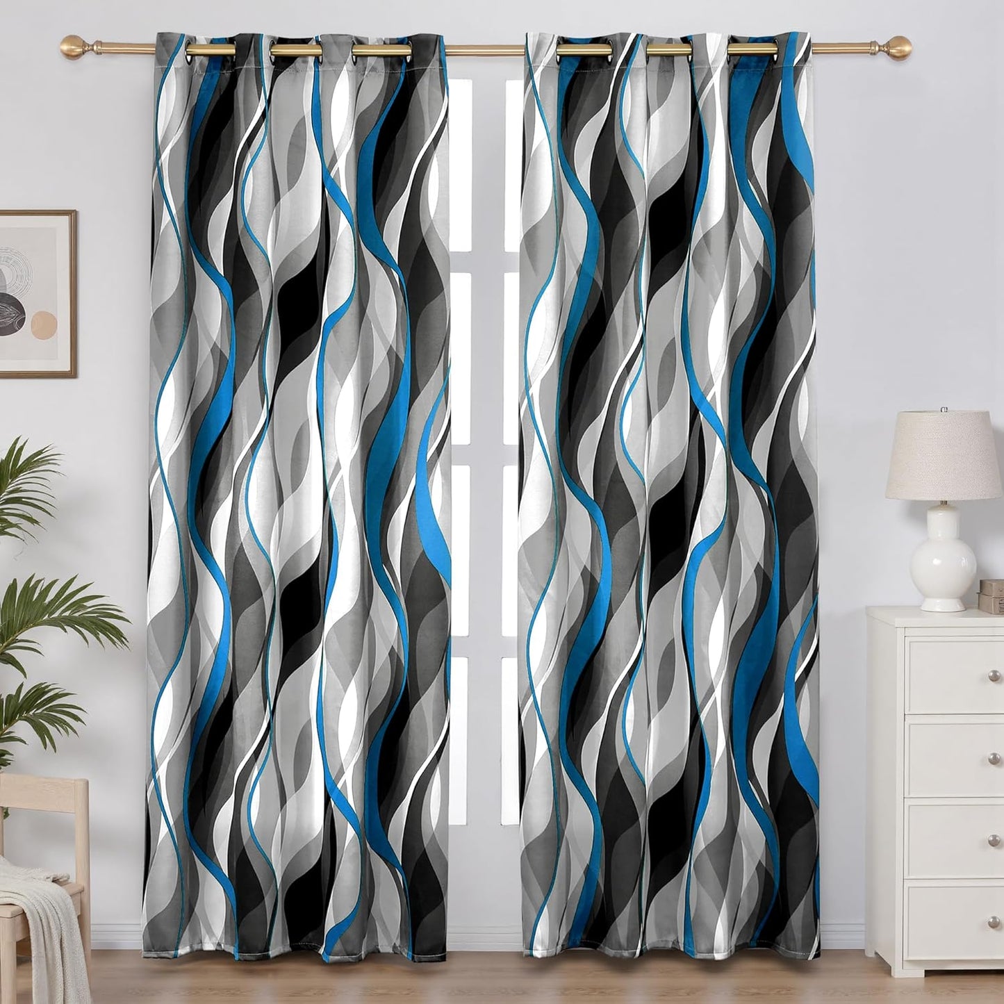 Modern Striped Blue and Grey Curtains for Living Room Decor