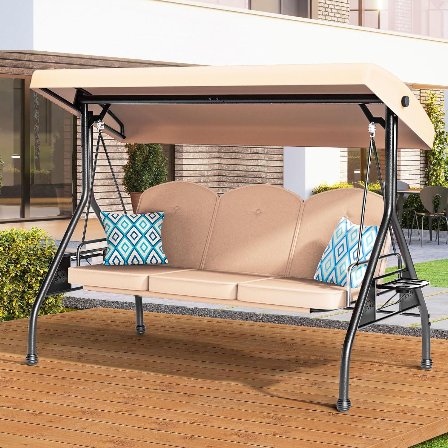 3 Seat Outdoor Porch Patio Swing with Adjustable Canopy & Comfort