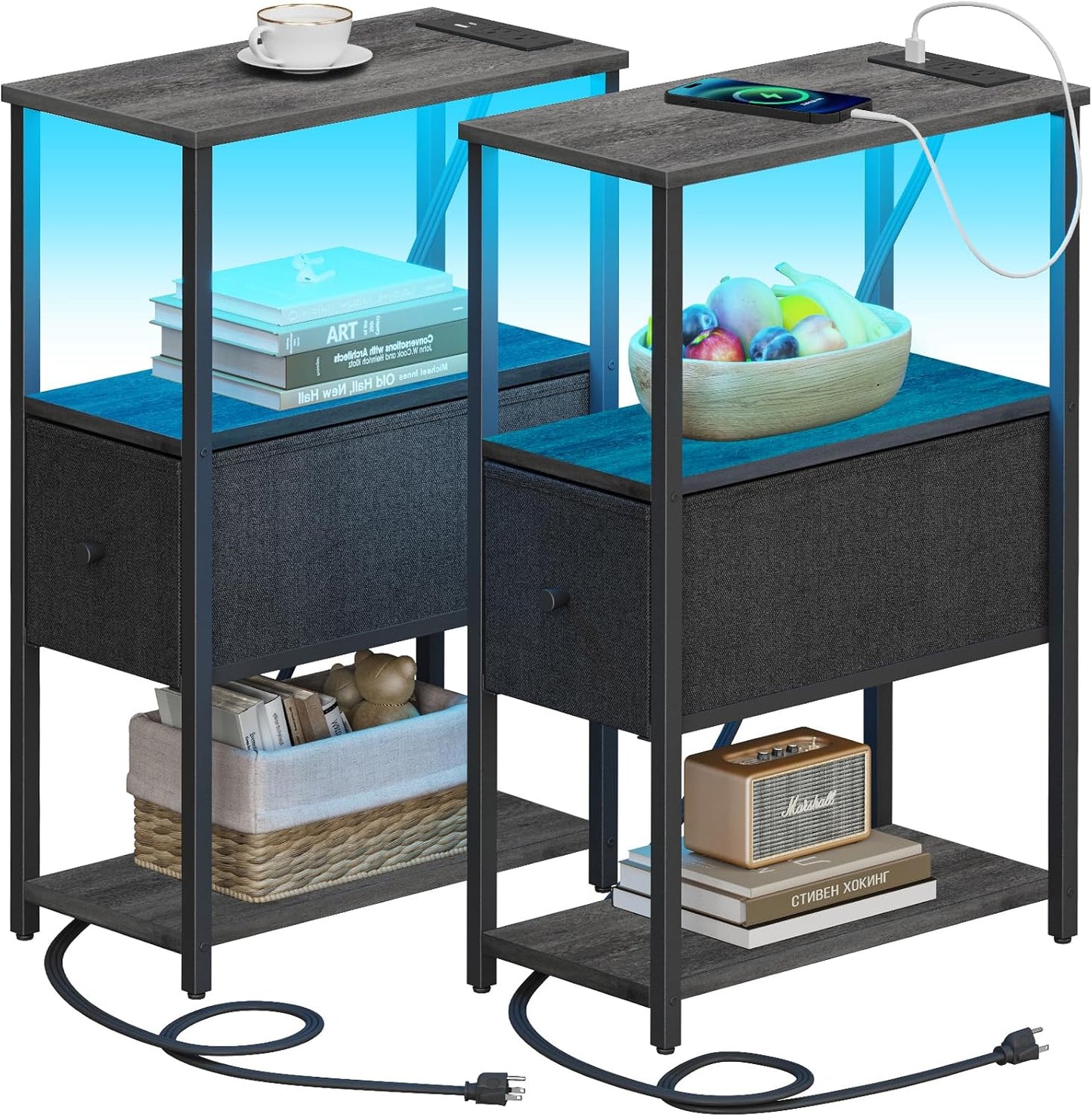 TUTOTAK Small Narrow LED End Table with Charging Station Set