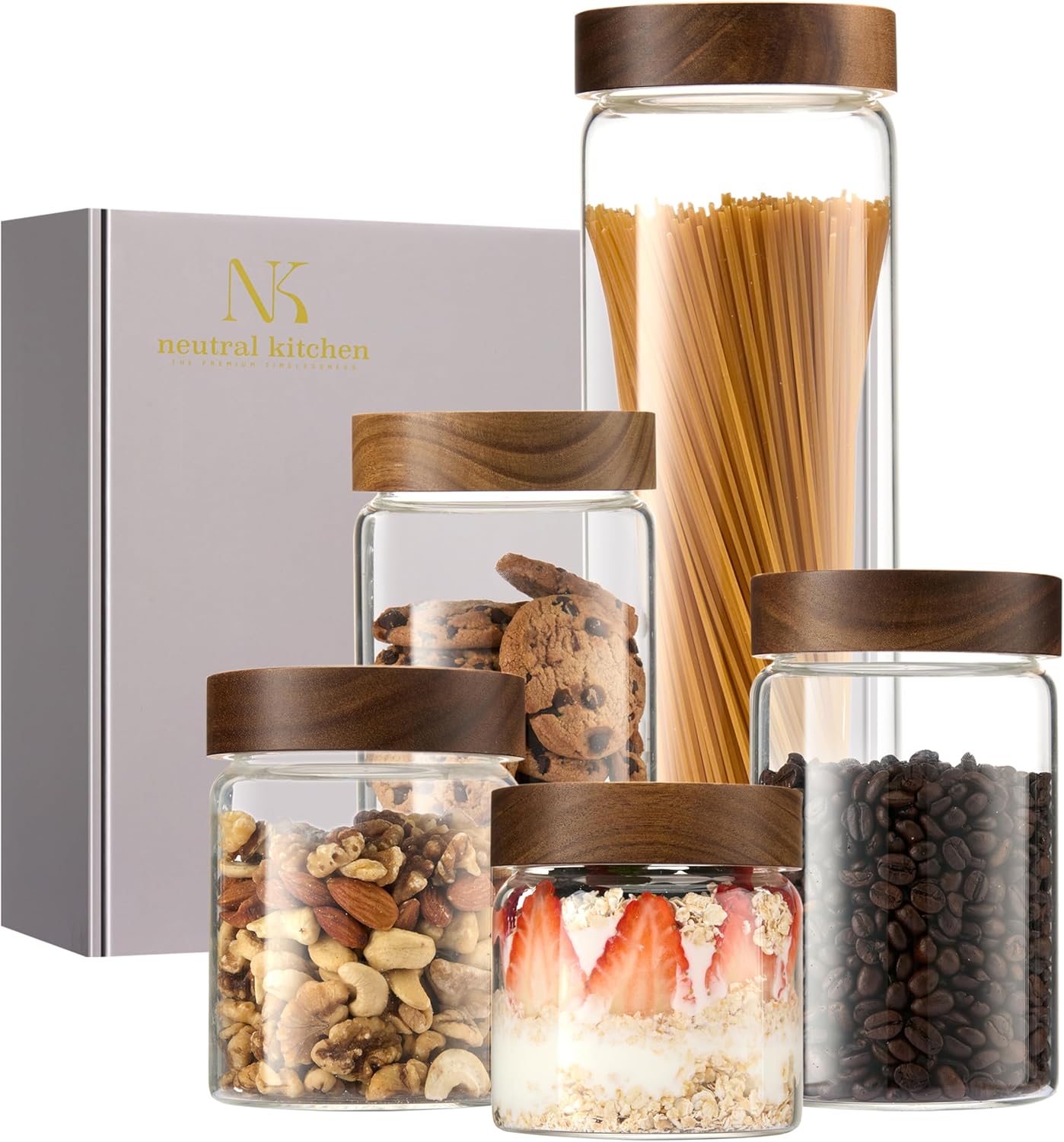 Glass Canister Set of 5 with Acacia Wood Lids for Storage