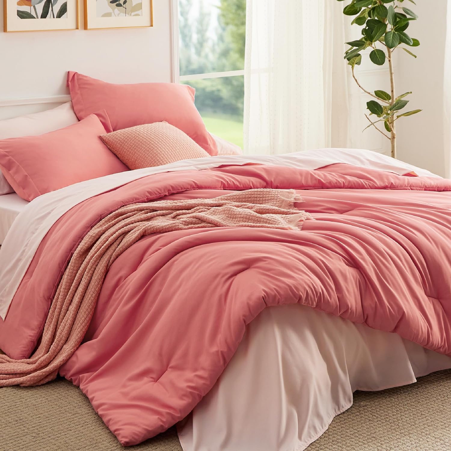 Bedsure Full Size Comforter Set - 7 Pieces Coral Bedding Set