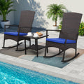 Blue Cushion 3-Piece PE Wicker Rocking Chair Bistro Set - Cozy Outdoor