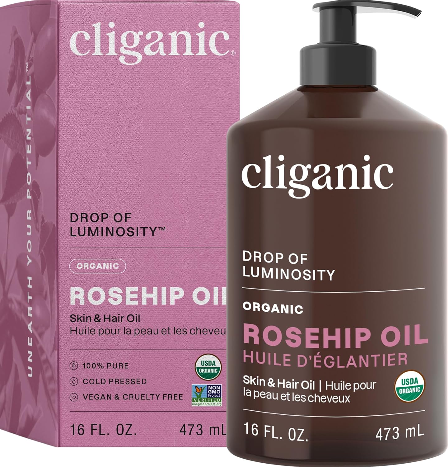 Cliganic Organic Rosehip Seed Oil 16oz for Face, Hair & Body