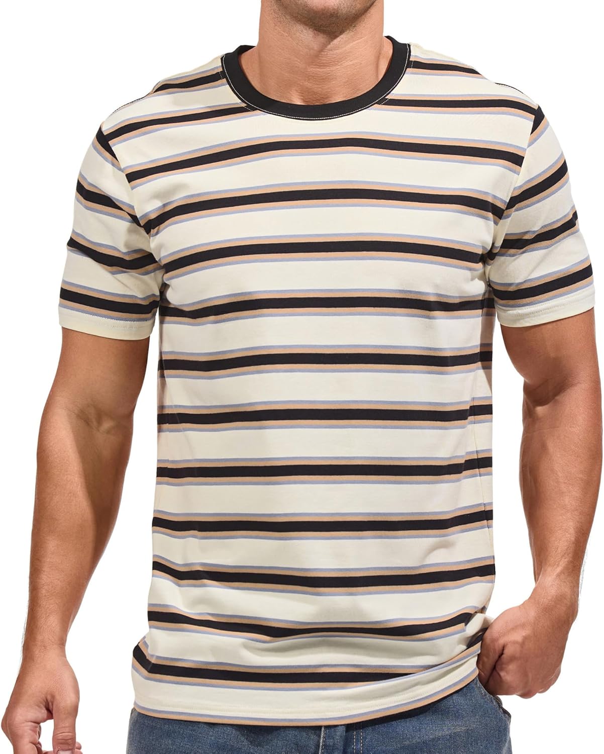 VEIISAR Men's Crewneck Striped T-Shirt for Comfort and Style
