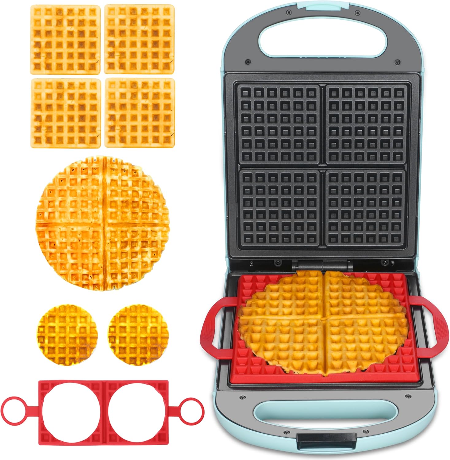 Baker's Friend Multi Waffle Iron Set, 5 Shapes, 2 Molds, Aqua