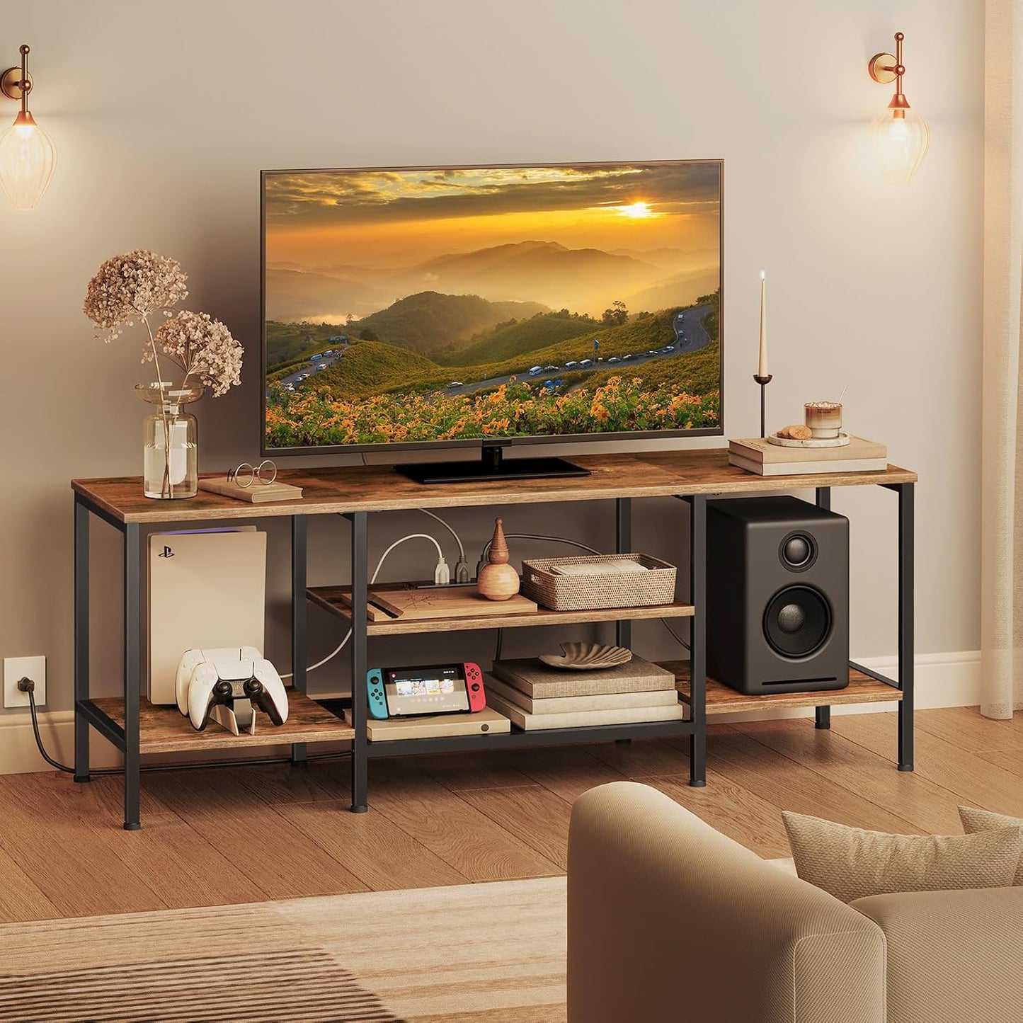 Industrial TV Stand with Power Outlets - Rustic Brown