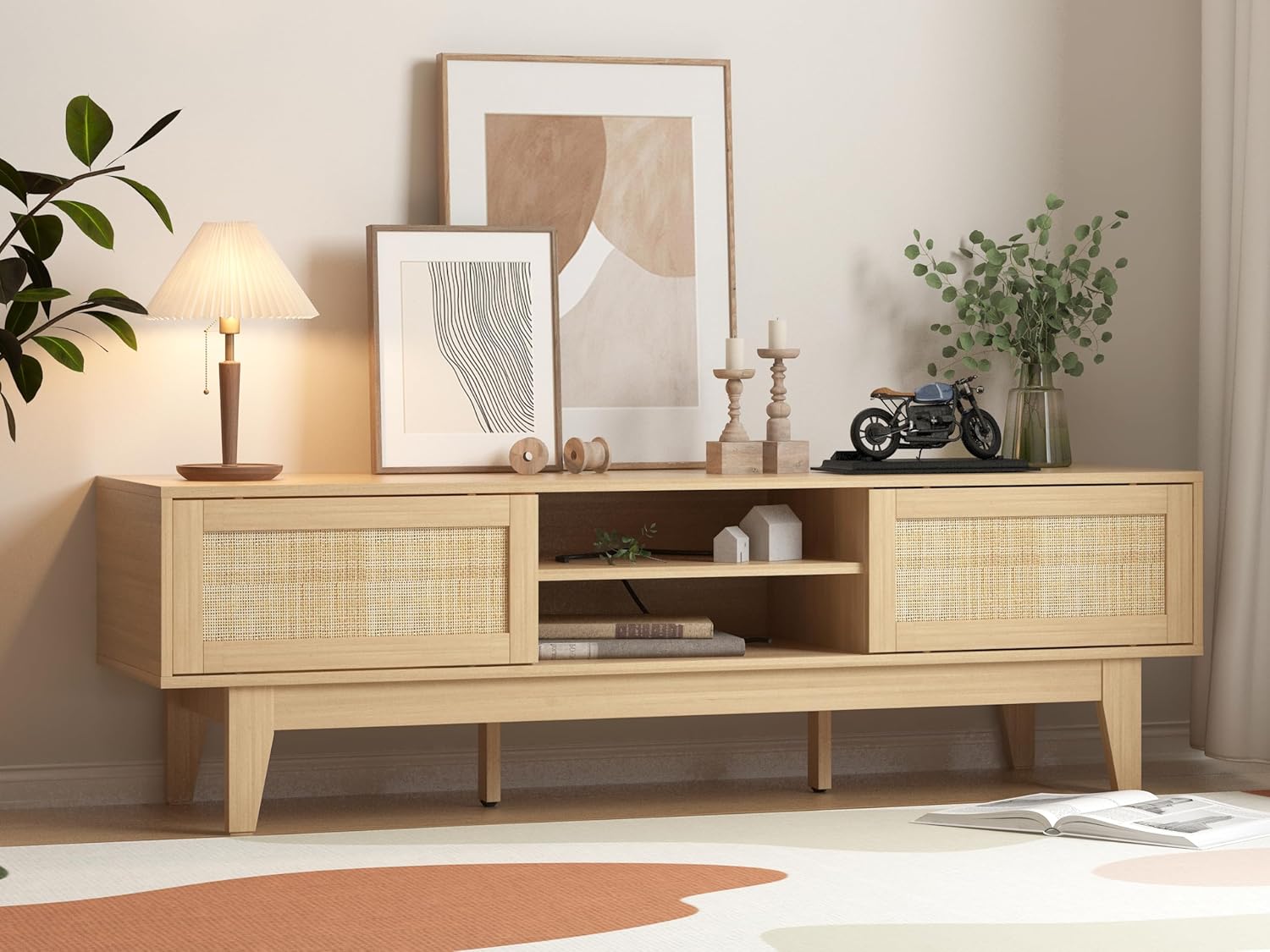 Boho Rattan TV Stand with Storage & Style