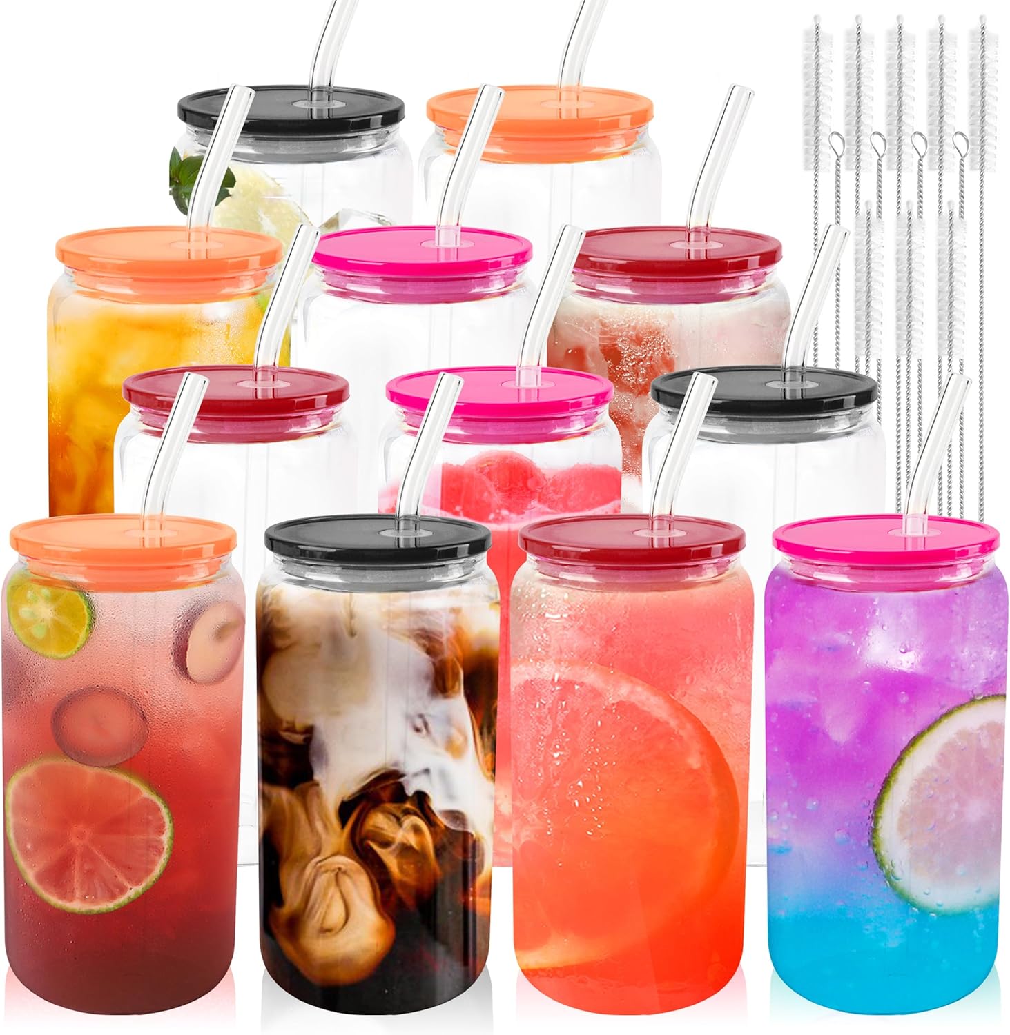 Joyclub 12pcs Glass Cups with Lids and Straws for Drinks