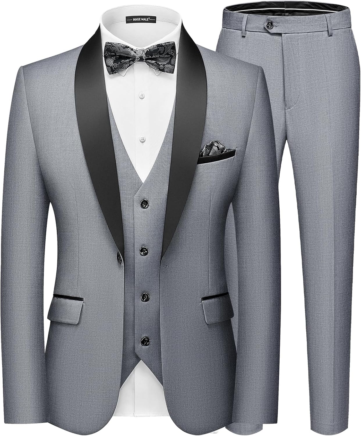 MAGE MALE Men's Slim Fit 3 Piece Suit with Bowtie & Pocket Square