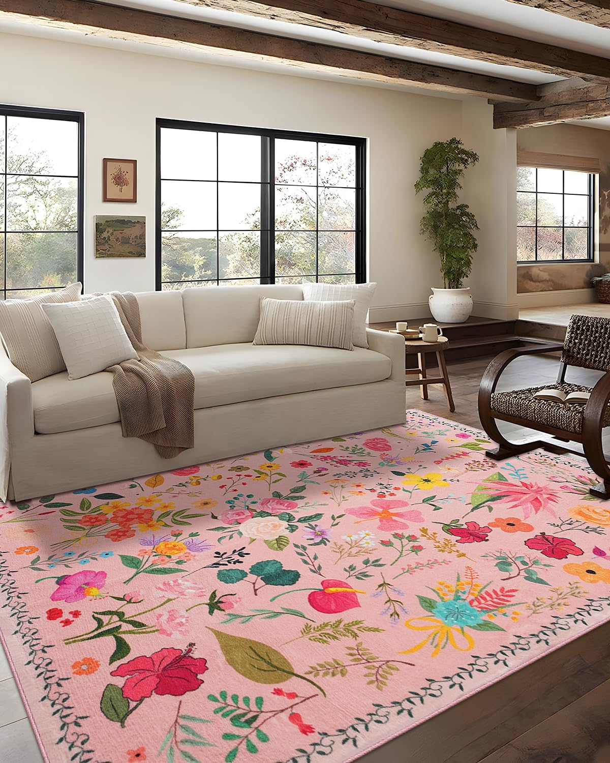 Vintage Floral Area Rug 8x10, Washable Non-Slip Carpet for Home