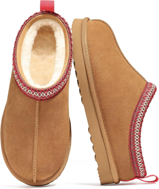 Genuine Suede Fuzzy Slippers for Women Winter Warm House Shoes