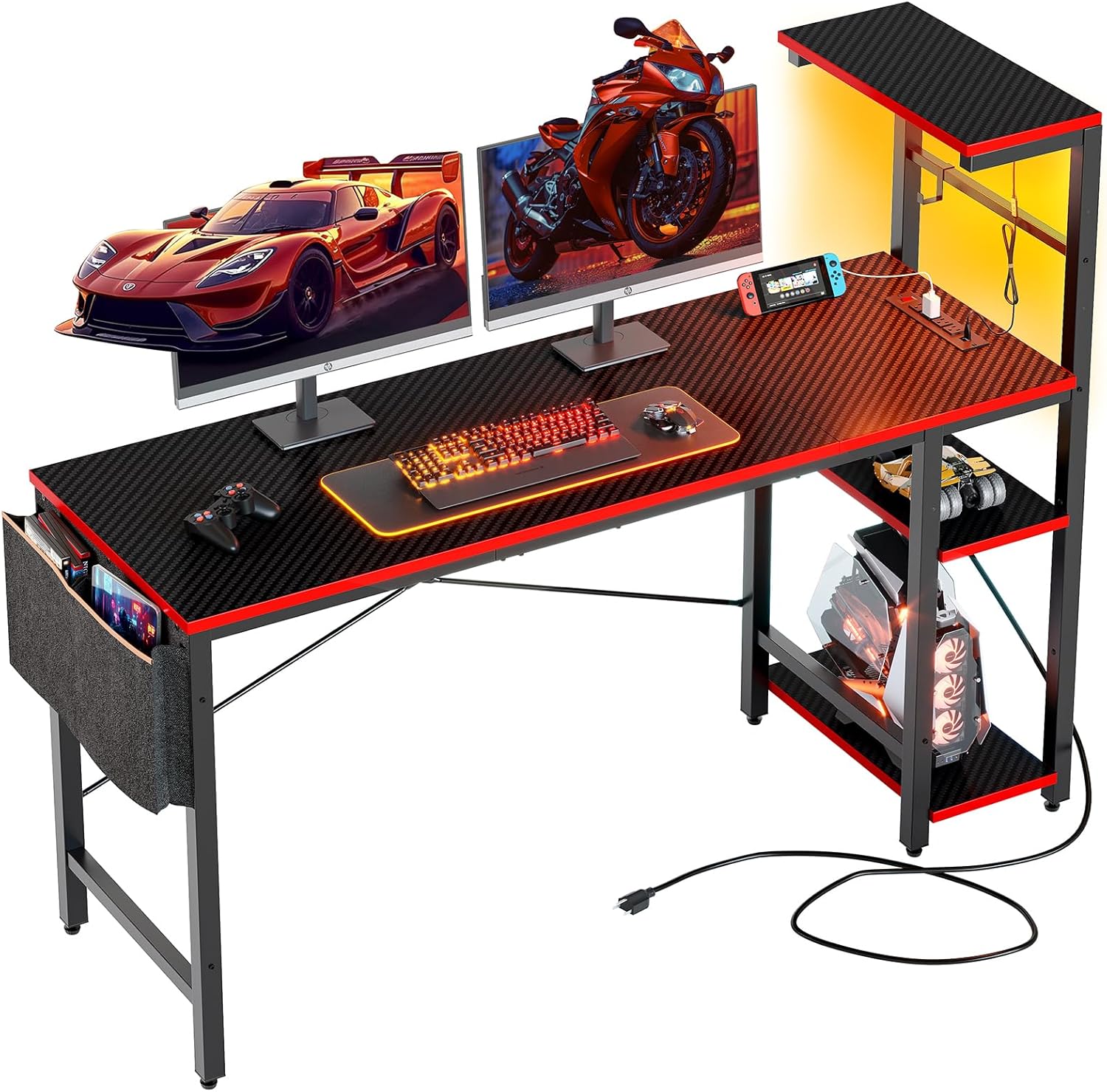 Bestier Gaming Desk with Power Outlets and LED Lights for Gamers