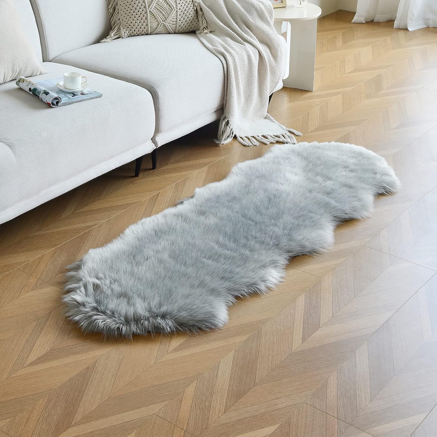 Soft & Fluffy Grey Faux Sheepskin Runner Rug for Home Decor