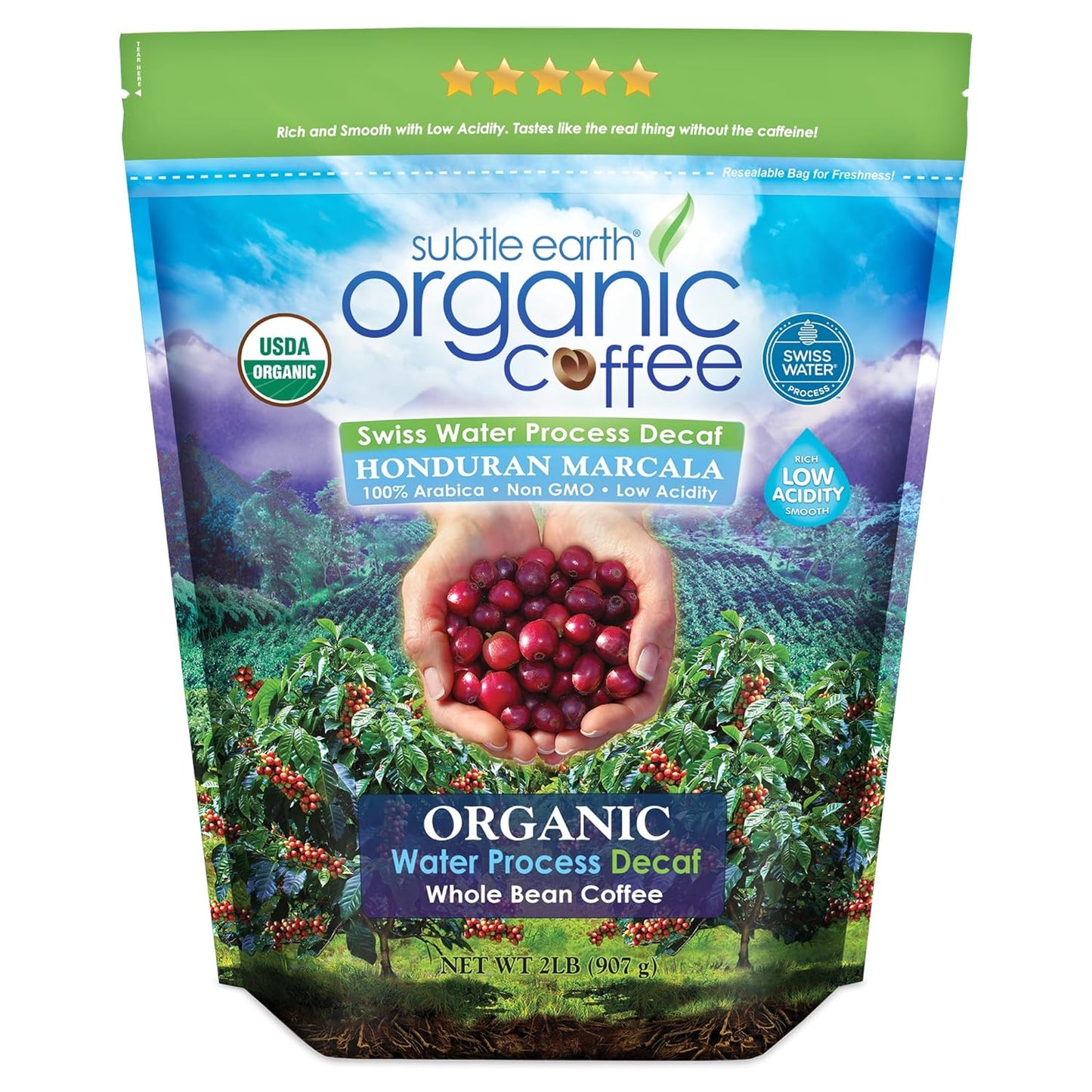 Organic Decaf Whole Bean Coffee - Low Acidity - 2LB Bag