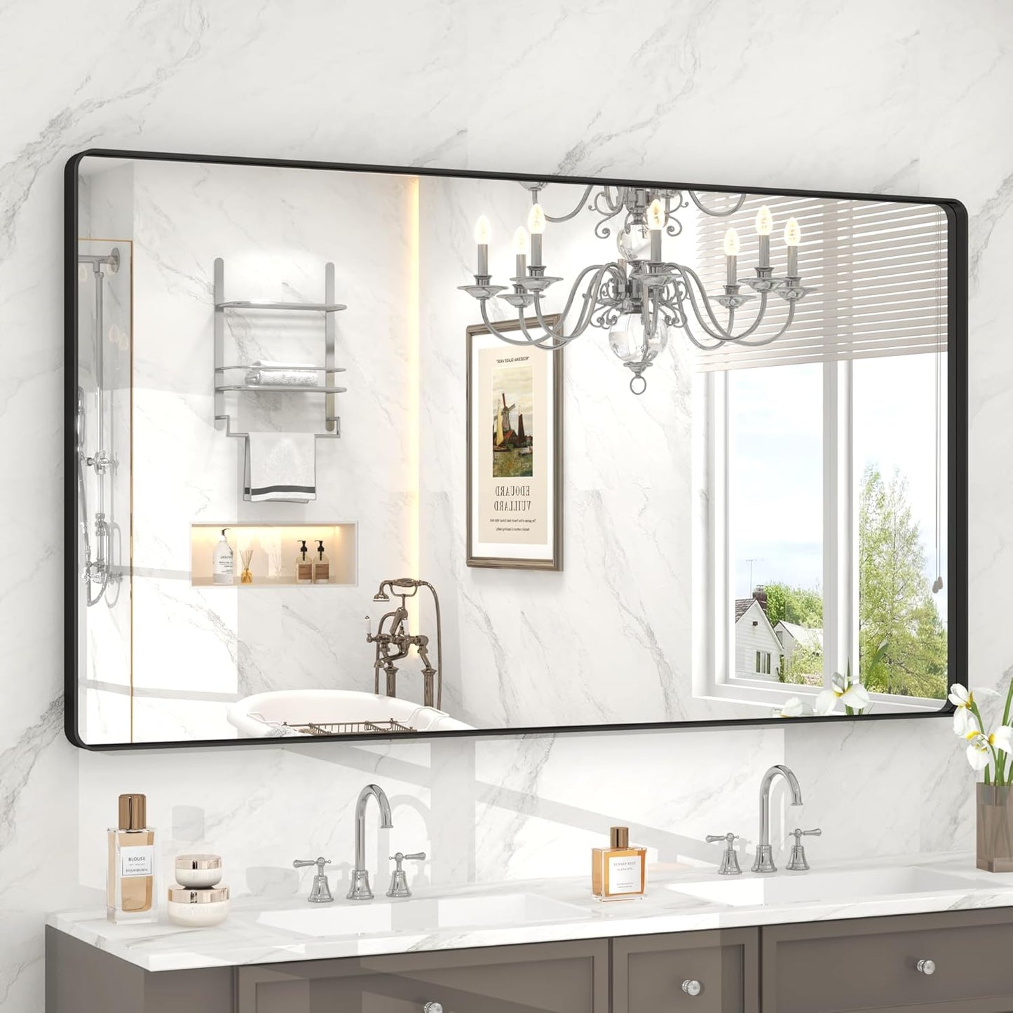 55x30 Inch Black Framed Bathroom Mirror for Elegant Spaces