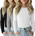 3 Pack Girls Long Sleeve Ribbed Cotton Layering Tops - Slim Fit Soft