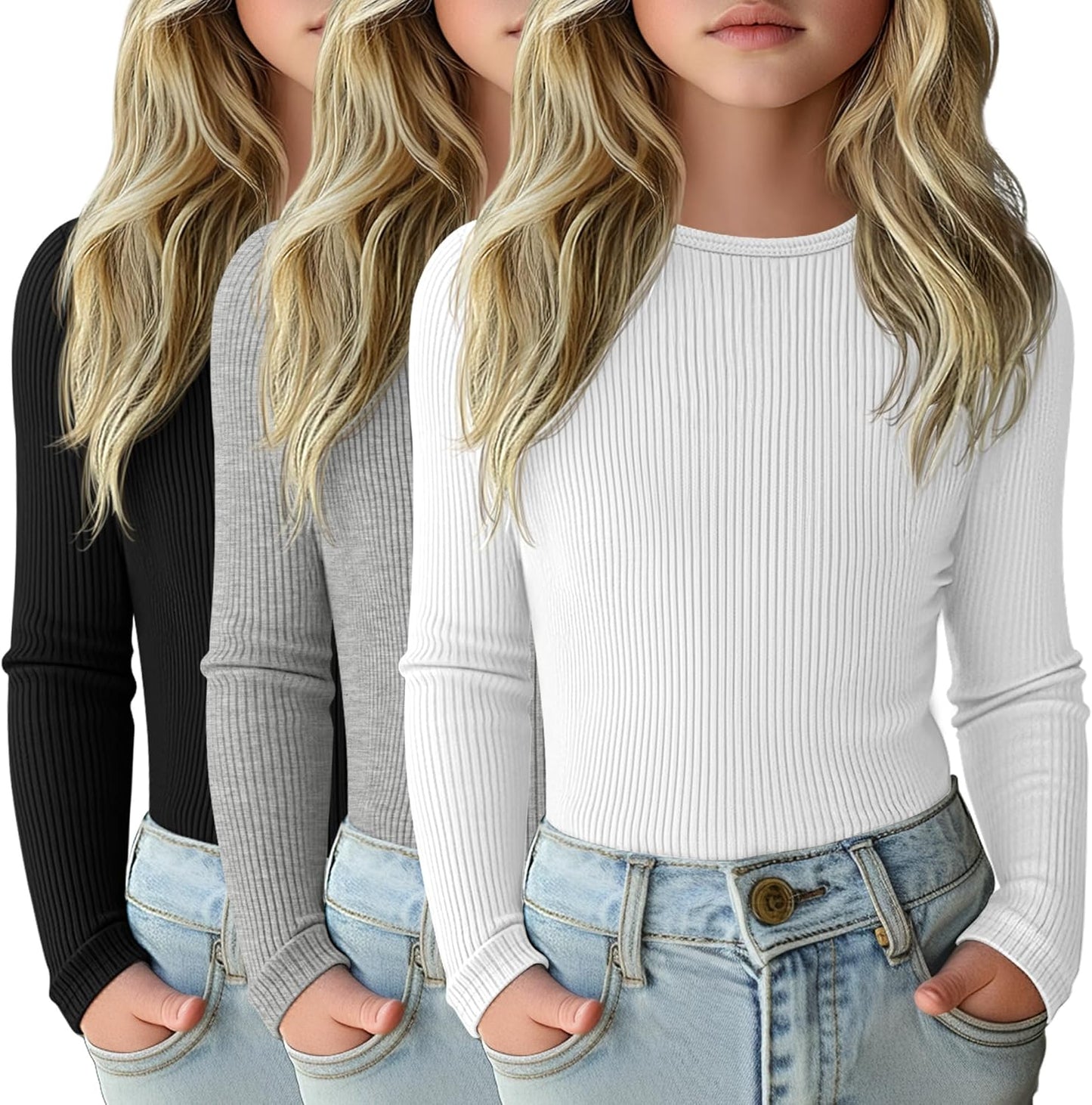 3 Pack Girls Long Sleeve Shirts for Casual Layering Tops