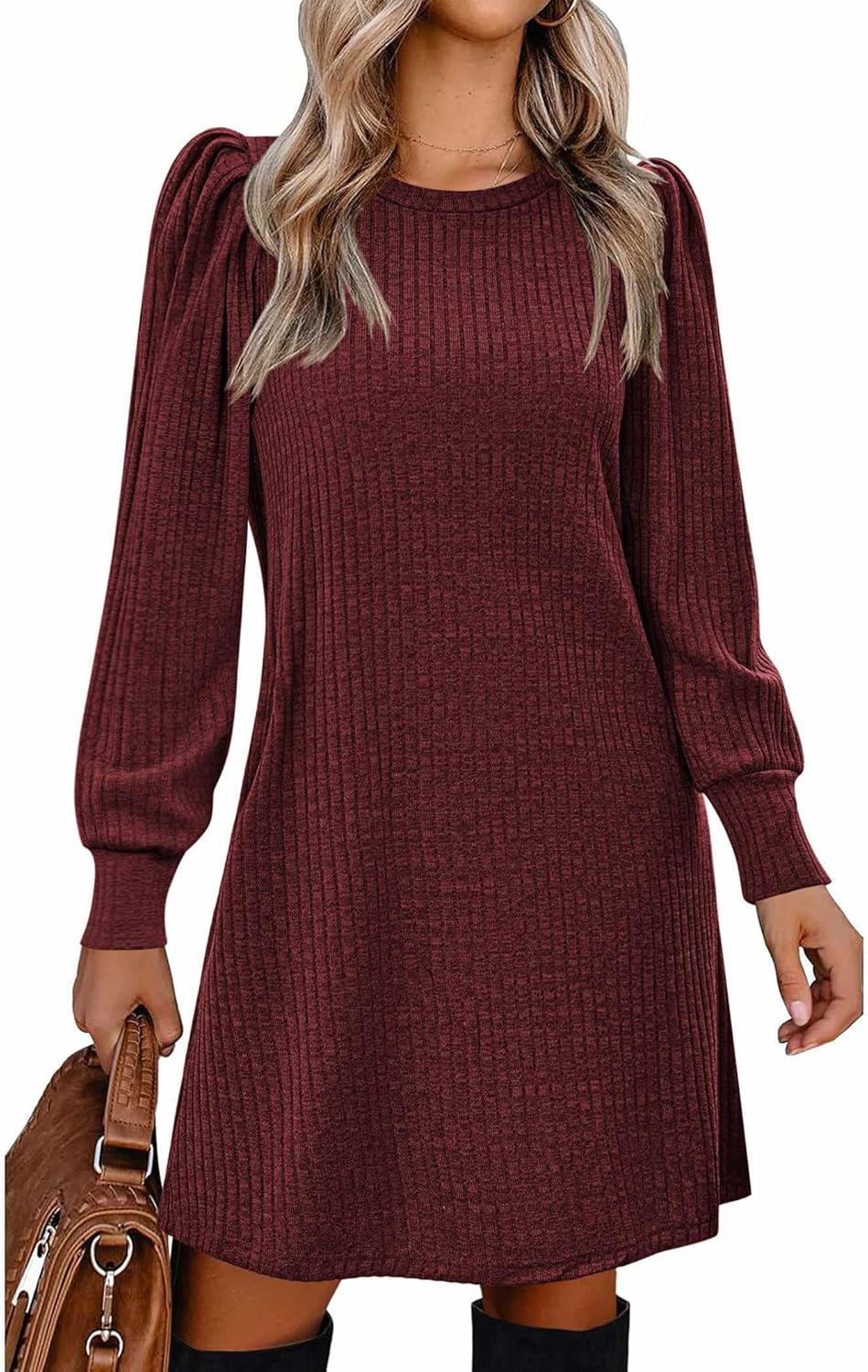 Zeagoo Women's Knit Dress with Puff Sleeves for Fall Style