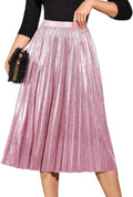 Pleated Midi Skirt Aline High Elastic Waist - Flowy Metallic Swing