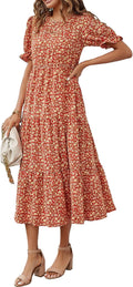 Summer Floral Boho Midi Sun Dress - Flowy Puff Sleeve Midi Printing