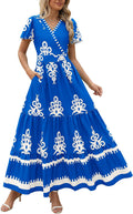 PRETTYGARDEN Womens V Neck Boho Maxi Dress - Flowy Tiered Floral Soft