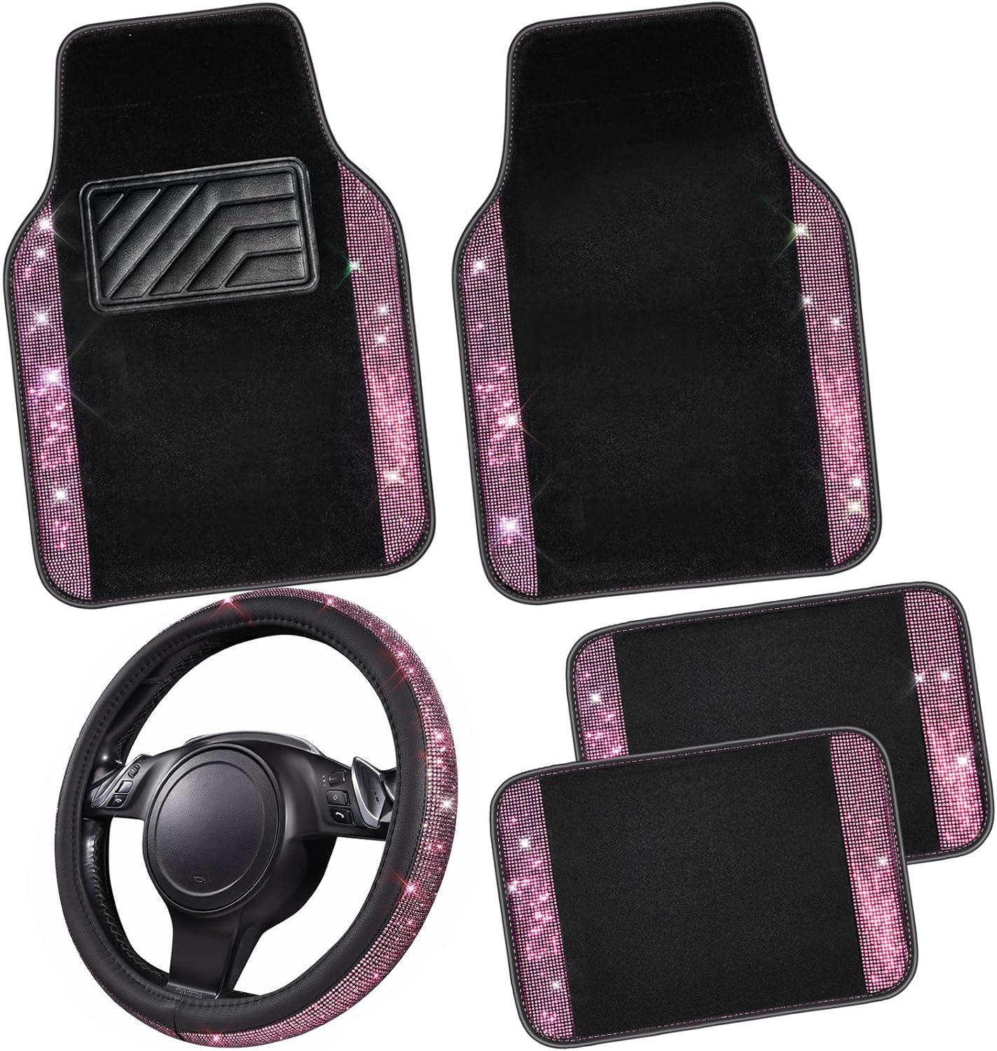 Bling Diamond Leather Steering Wheel Cover and Floor Mats Set