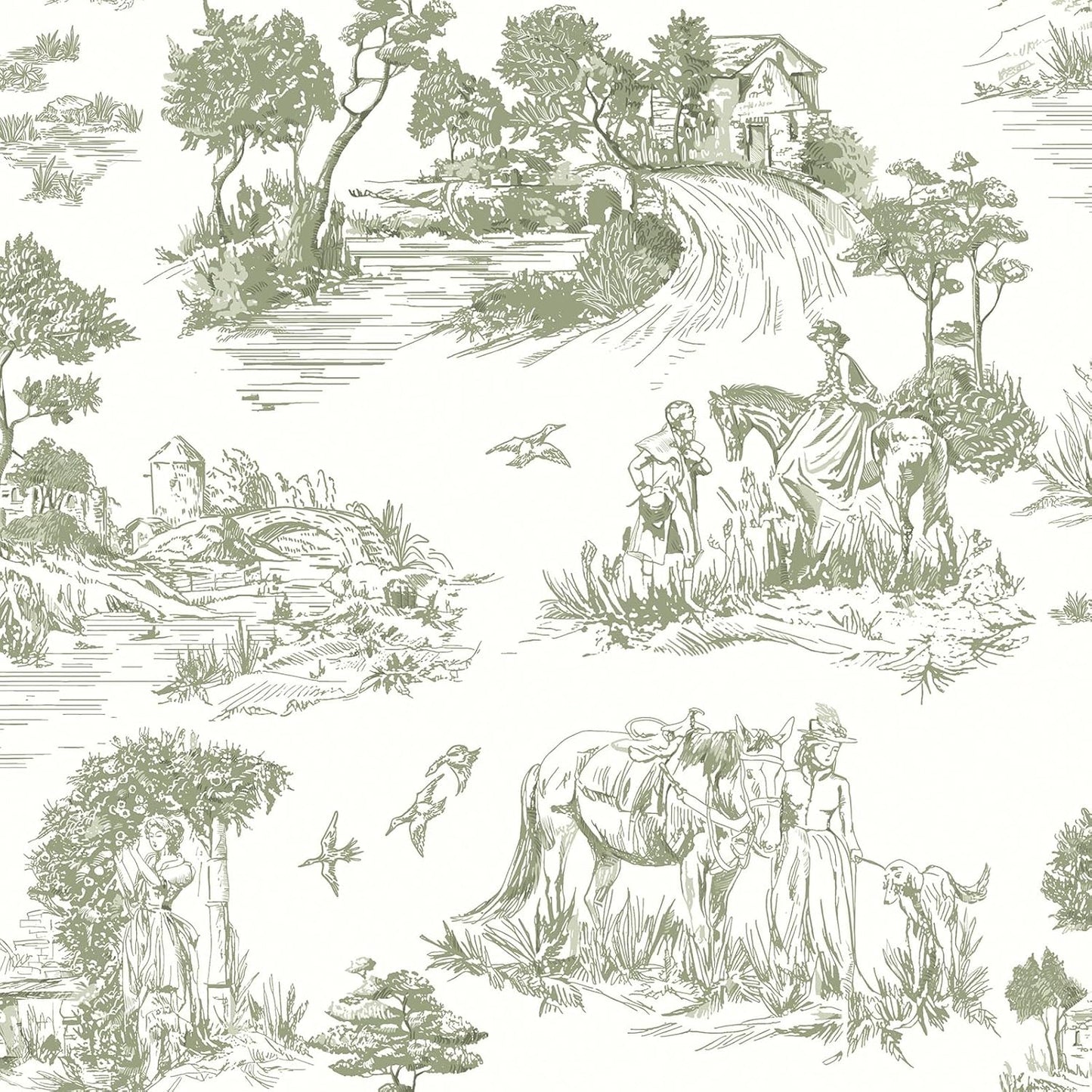 Toile Peel and Stick Wallpaper for Vintage Green Decor