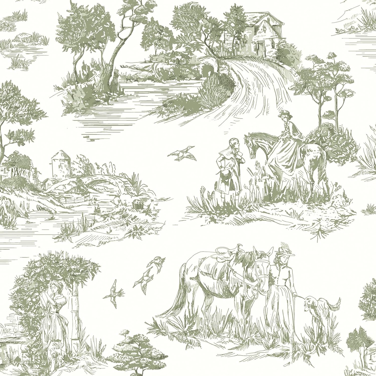 Toile Peel and Stick Wallpaper for Vintage Green Decor