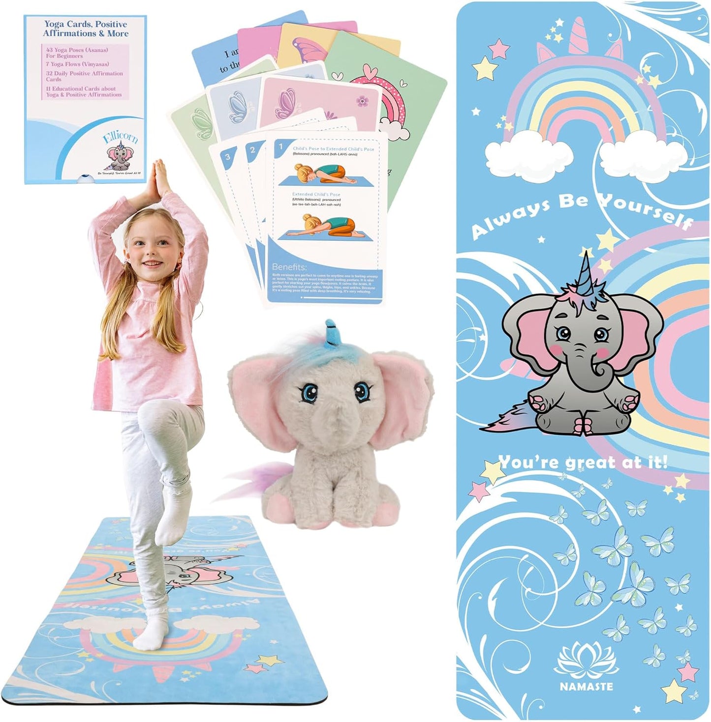 Child's Yoga Set: Positive Affirmations, Ellicorn Plush, Non-Toxic, Non-Slip! 