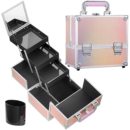 Frenessa Makeup Train Case Portable Organizer with Mirror & Trays