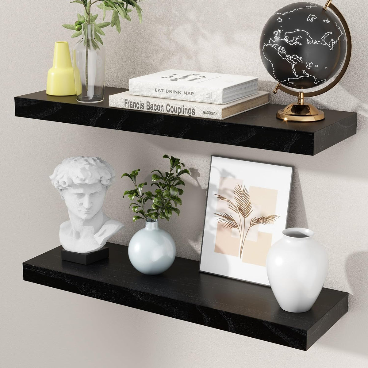 24 Inch Black Floating Shelves for Wall - Modern Solid Wood Set
