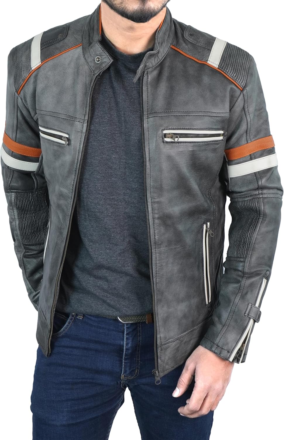 Mens Genuine Leather Jacket Cafe Racer Vintage Retro Style Biker