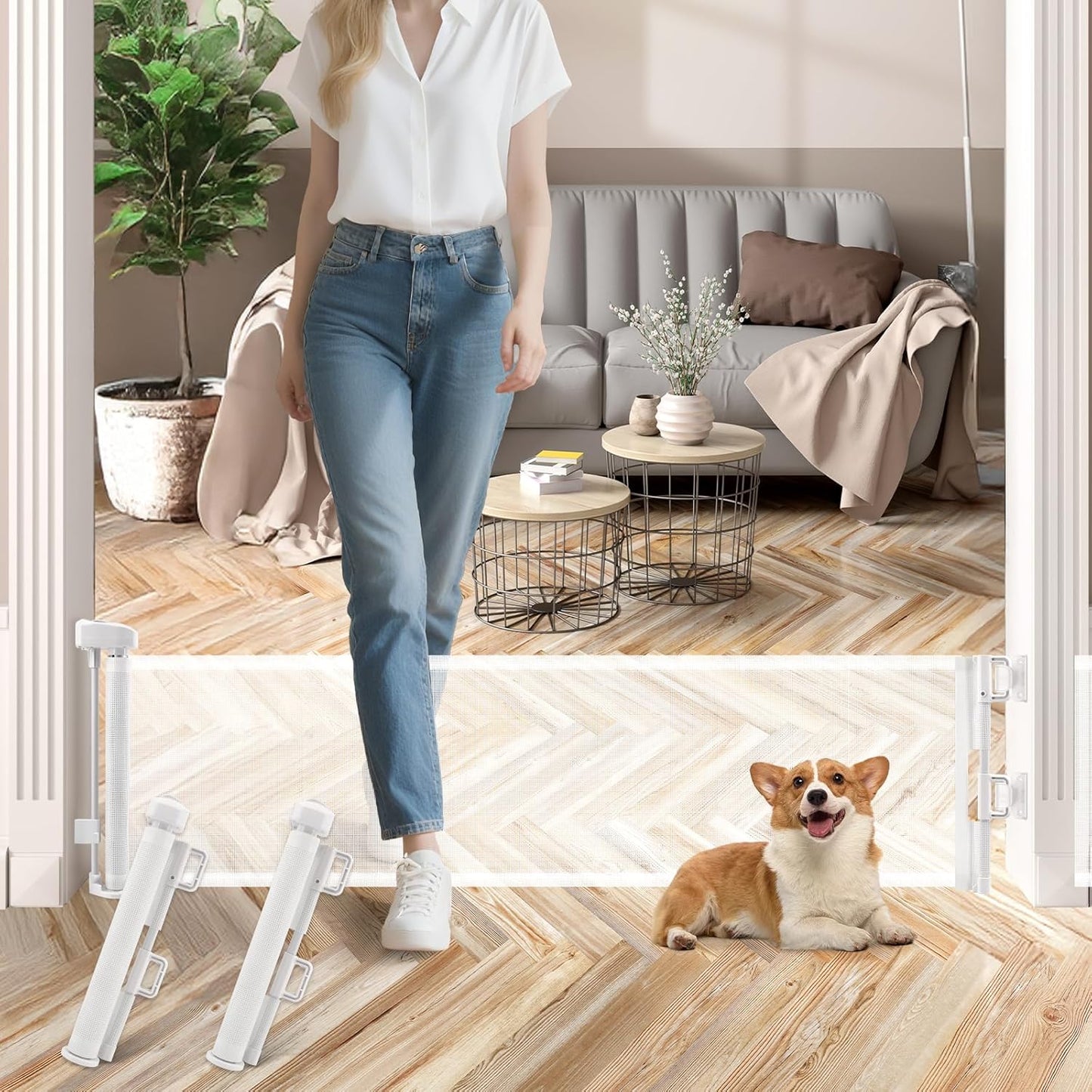 Short Dog Gate 14 Inch Tall Retractable Mesh Pet Door Set