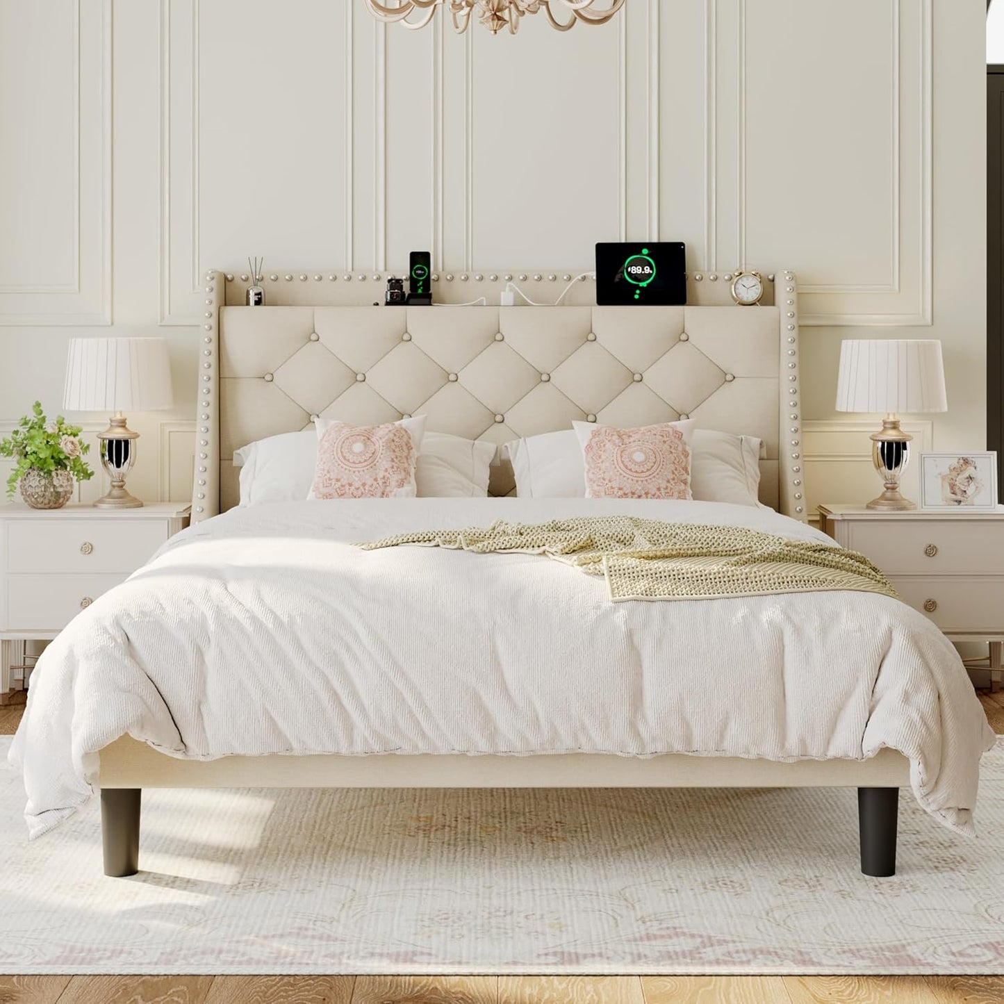 Queen Size Bed Frame with Wingback Storage Headboard and Ports