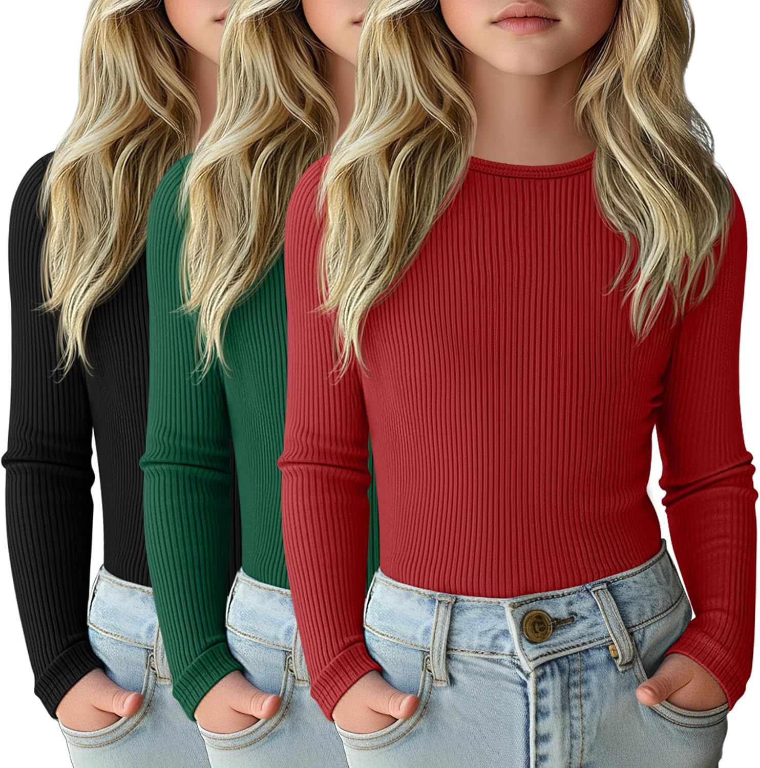 3 Pack Girls Long Sleeve Shirts for Casual Layering and Comfort