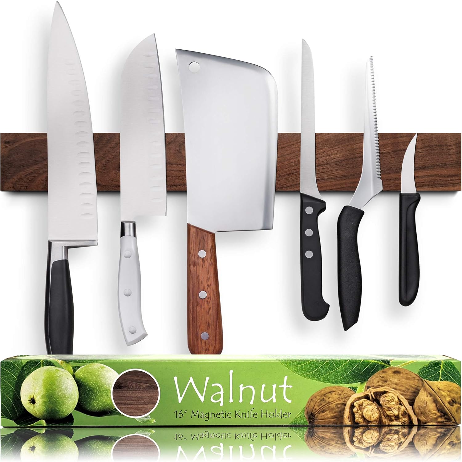 Premium Dark Walnut Wood Magnetic Knife Holder for Wall - 16 in