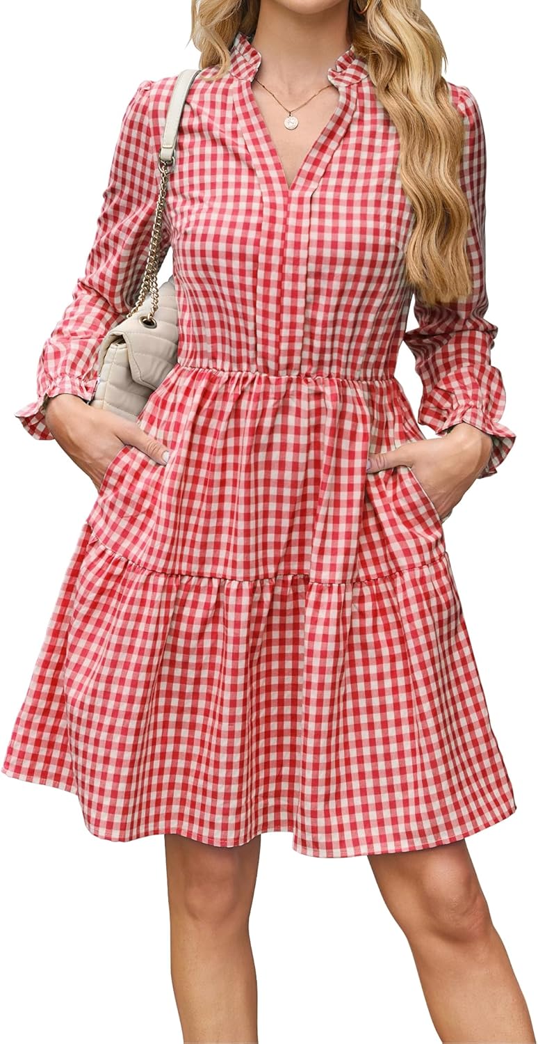 Theenkoln Womens Casual Midi Dress: Trendy V-Neck Gingham Style