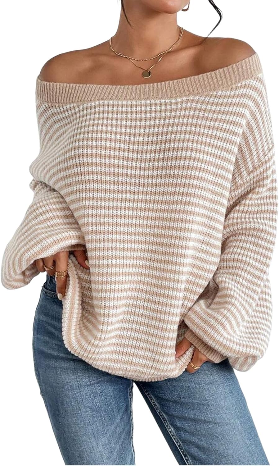 Off Shoulder Knit Sweater for Women - Cozy Long Sleeve Pullover