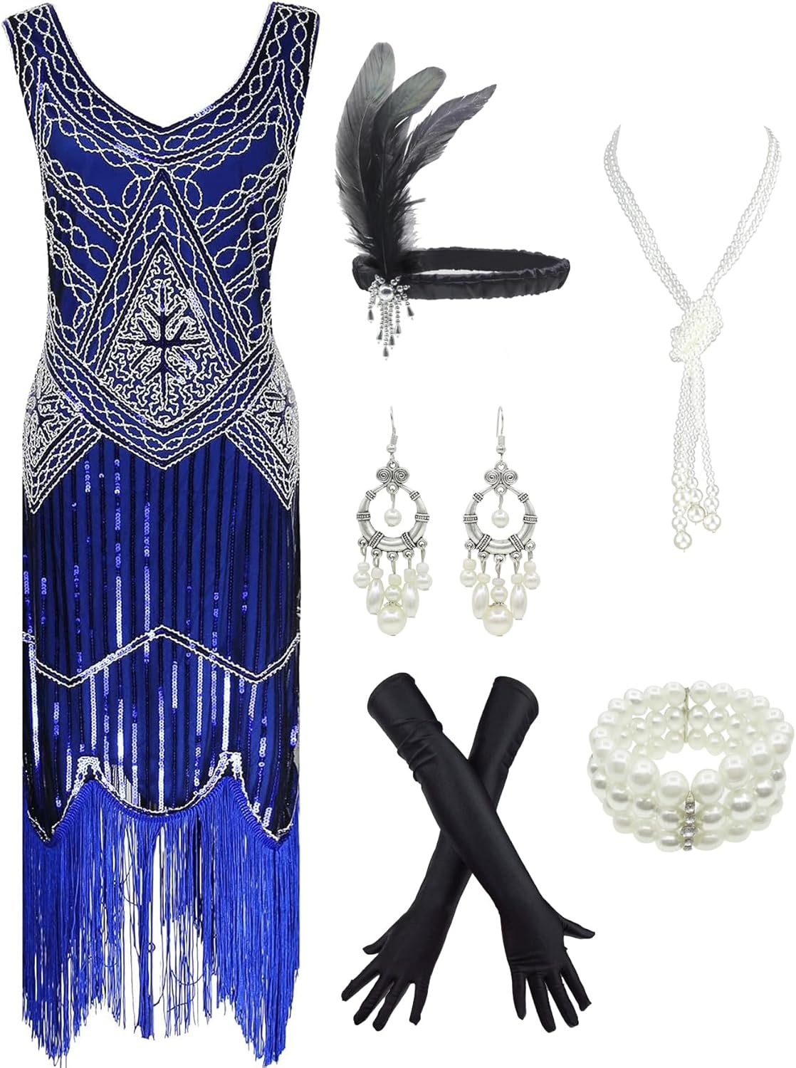 1920s Gatsby Sequin Fringed Flapper Dress with Accessories Set